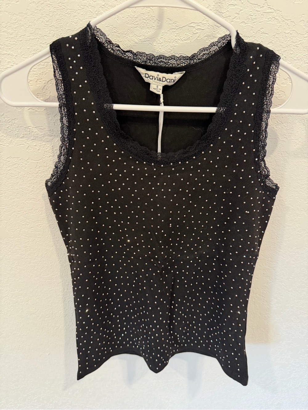 DAVI & DANI Black Tank Top with Silver Studs & Lace Trim
